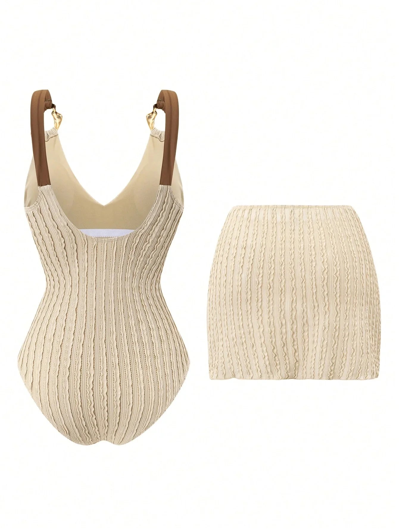 Vintage Beige Ribbed Swimwear Skirt Set Women Metal Buckle Strap V Neck Hollow Out Backless Bathing Suit One Piece Swimsuit 2026