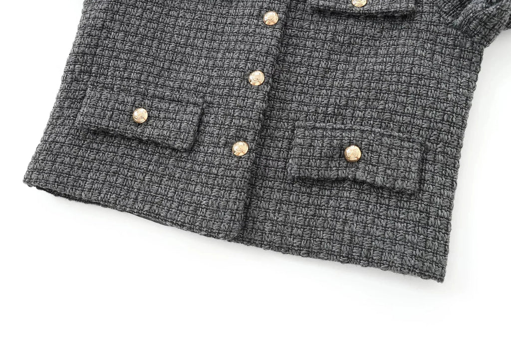 Foridol Tweed Knitted Dark Grey Blazer Coat Women Autumn Winter Gingham Short Coat Office Lady Vintage Buttons Veste