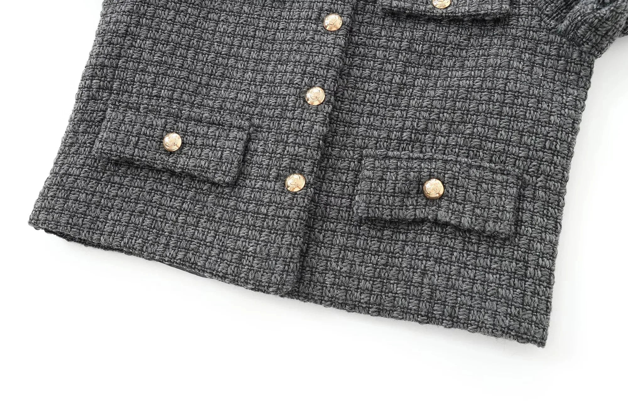 Foridol Tweed Knitted Dark Grey Blazer Coat Women Autumn Winter Gingham Short Coat Office Lady Vintage Buttons Veste