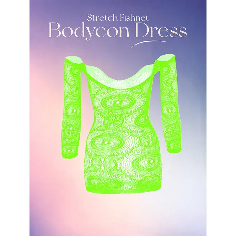 Women Sheer Mesh Long Sleeve Beach Cover Up, Sexy See-Through Fishnet Dress, Solid Bodycon  For Summer Beach Party