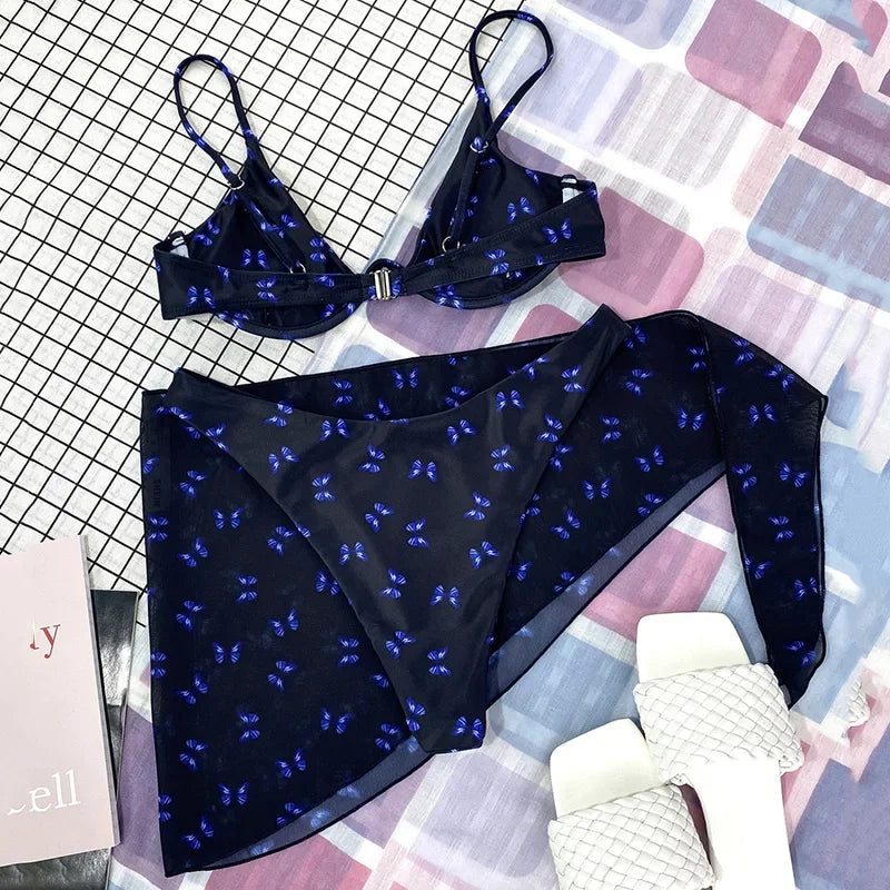 Butterfly Print Underwired V-Bar Bikini Women Swimsuit Female Swimwear Three-pieces Bikini Set Push Up Bathing Suit Beach Sarong