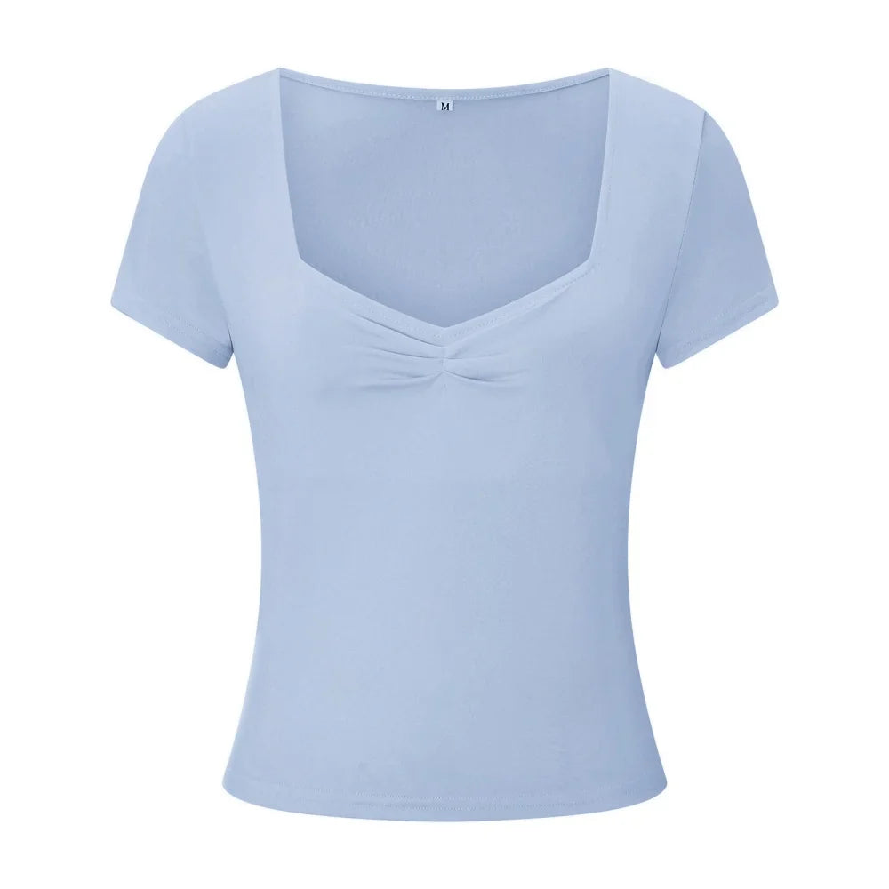 New Women T-shirt Summer Solid Color Short Sleeve Square Neck Slim Fit Crop Tops Casual Elegant Basic Tee Shirts