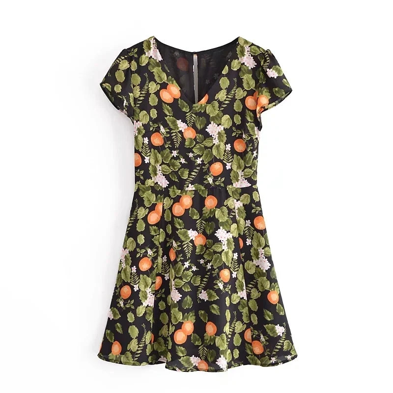 French Style Vintage Lemon Leaf Printed Green Dress Sexy Slip Midi Sleeveless Tank Dress Chiffon Women Holiday Elegant Dress