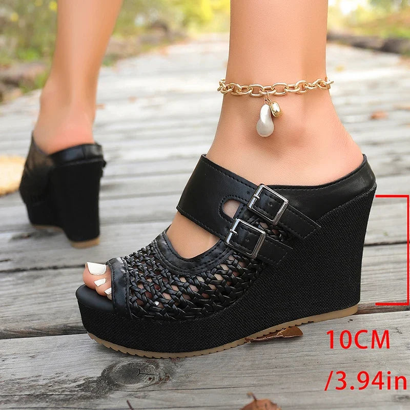 Hollow Out Chunky Wedges Sandals Women Fashion Buckle Peep Toe Super High Heels Sandals Woman Plus Size 43 Platform Slippers
