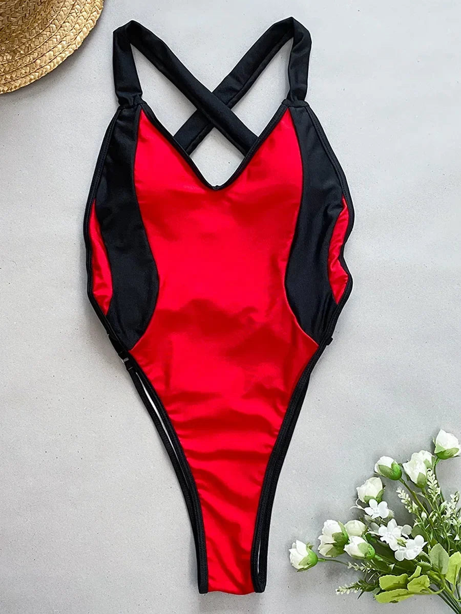 Splicing V Neck Cross Backless Women Thong Swimwear One Piece Swimsuit Female Monokini High Leg Cut Bathing Suit Swim Beach Wear