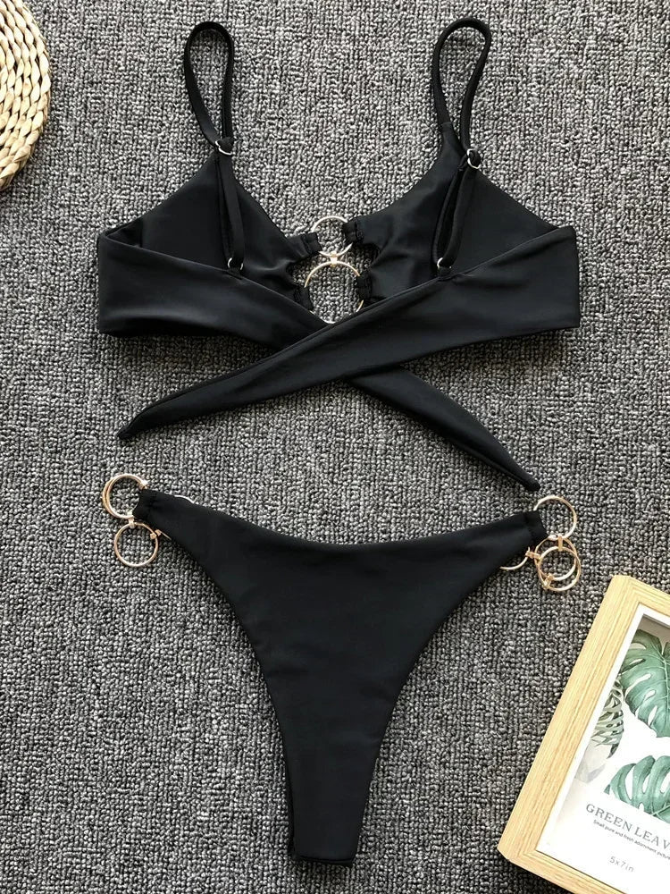 Metal Rings Bikinis Hollow Out Bikini Women Swimsuit Female Brazilian Swimwear Two Pieces Bikini Set High Cut Bathing Suit Swim