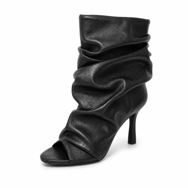 Black Soft Leather Peep Toe Pleated Mid-calf Boots Fashion Women 5 CM Thin Heels Solid Booties High Heel Boots Shoes Lady