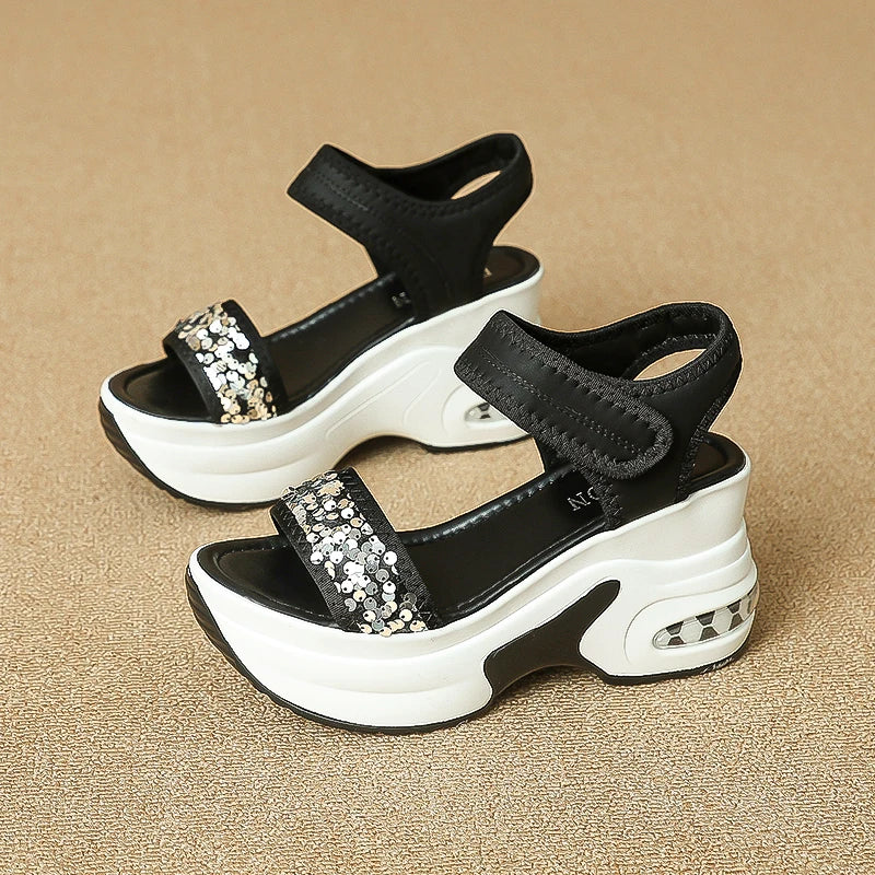Sequin Chunky Wedges Sandals Women Plus Size 42 High Heel Platform Sandles Woman Comfy Thick Bottom Heighten Gladiator Sandalias