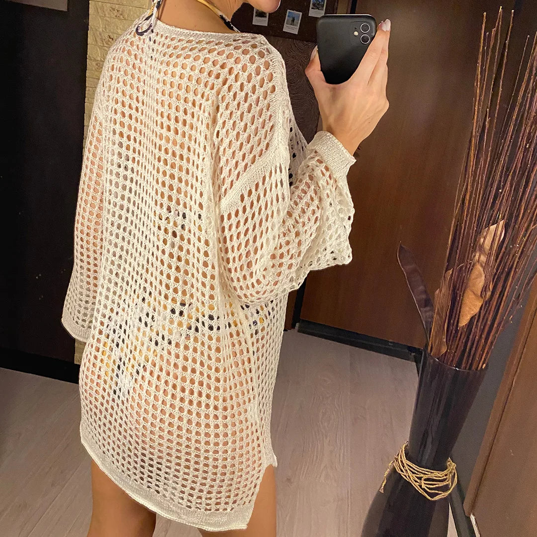 Long Sleeve Hollow Out Top Crochet Knitted Tunic Beach Cover Up Cover-ups Beach Dress Beach Wear Beachwear Female Women V4250