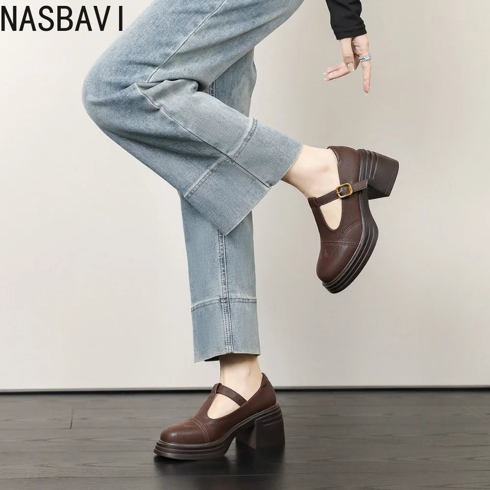 Ladies Retro Style High Heel Single Shoes for Women Platform Thick Heel Buckle Design Casual Loafers T-strap Leather shoes New