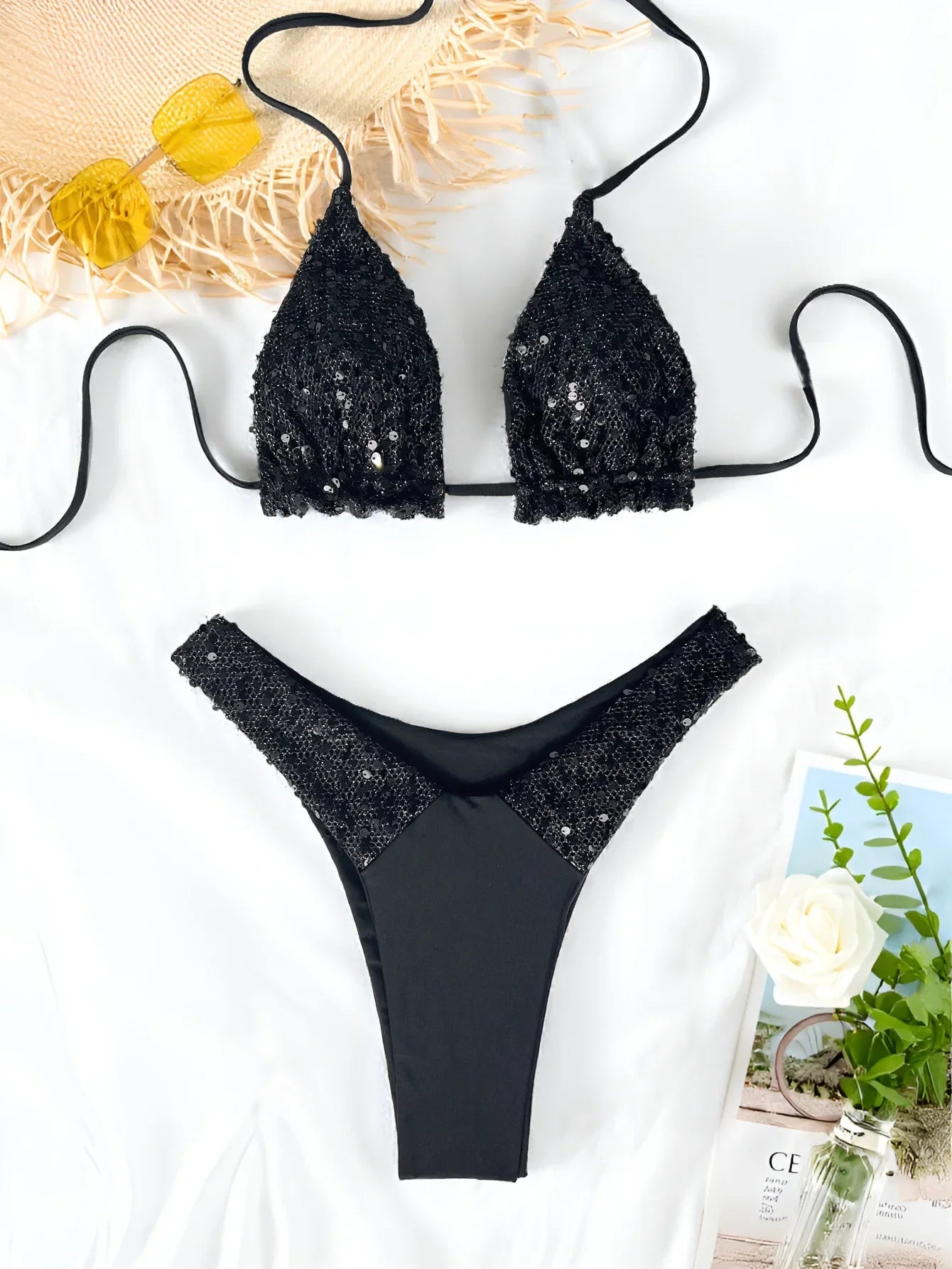 sexy black sequine gillter mini bikinis sets two pieces swimsuit thong bathing suit Swimwear Biquini conjunto de bikini tankini