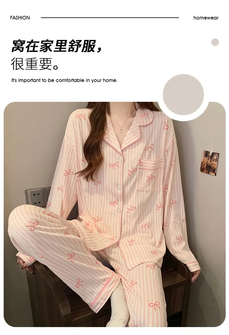 Spring Autumn New Women's Pajamas Long Sleeved Long Pants Sweet Printed 2-piece Set Casual Home Cardigan Nightgown