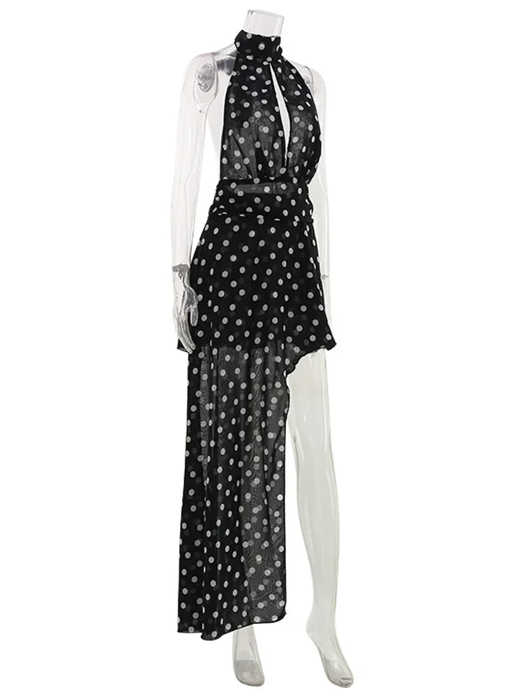 Ahagaga Fashion Maxi Dresses Women Sexy Halter Neck Hollow Out High Split Polka Dot Print Elegant Party Vacation Beach Vestidos