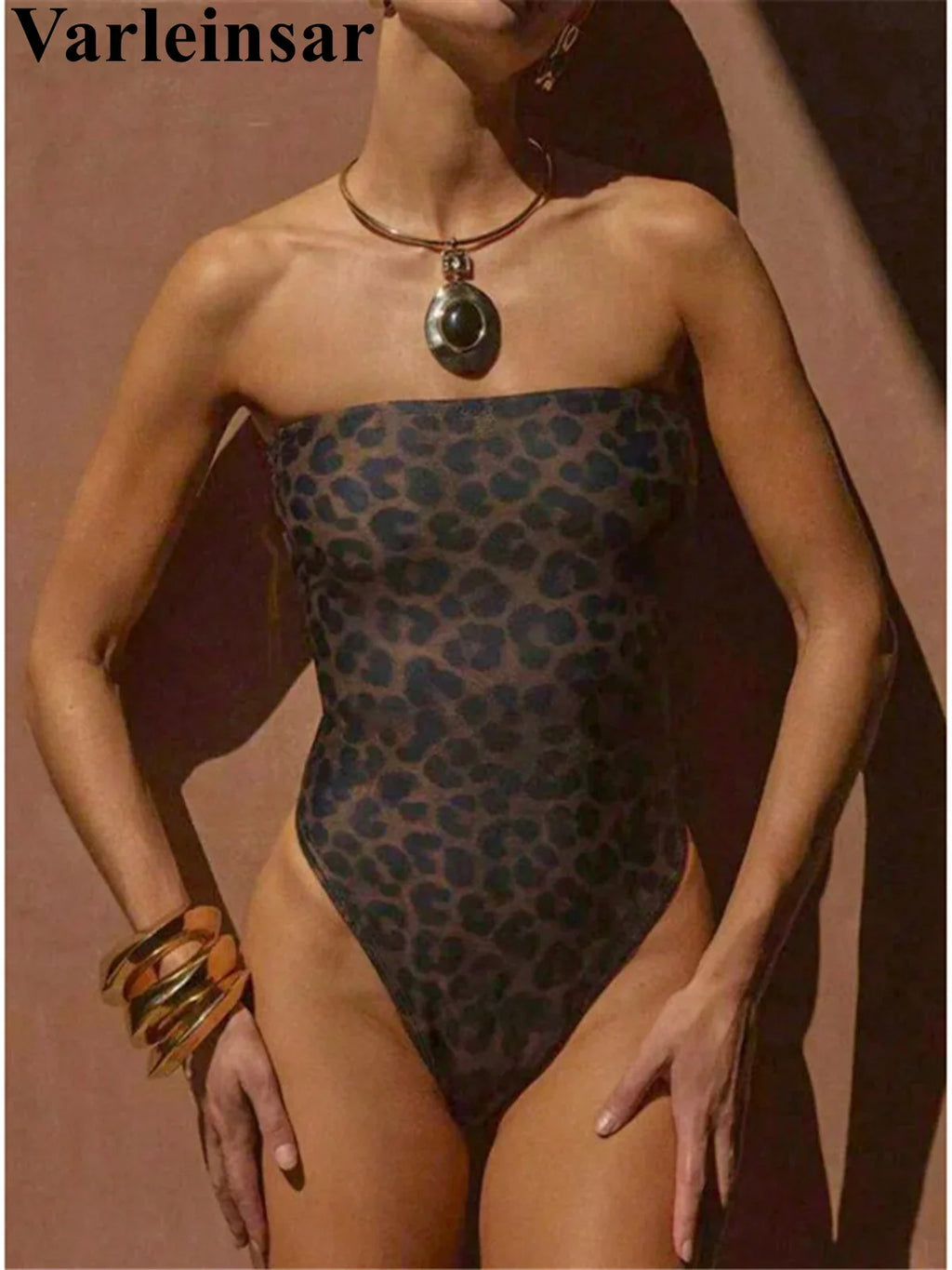 S - XL New Leopard Printed Bandeau Women Swimwear One Piece Swimsuit Female High Leg Cut Monokini Bather Bathing Suit Swim V8051