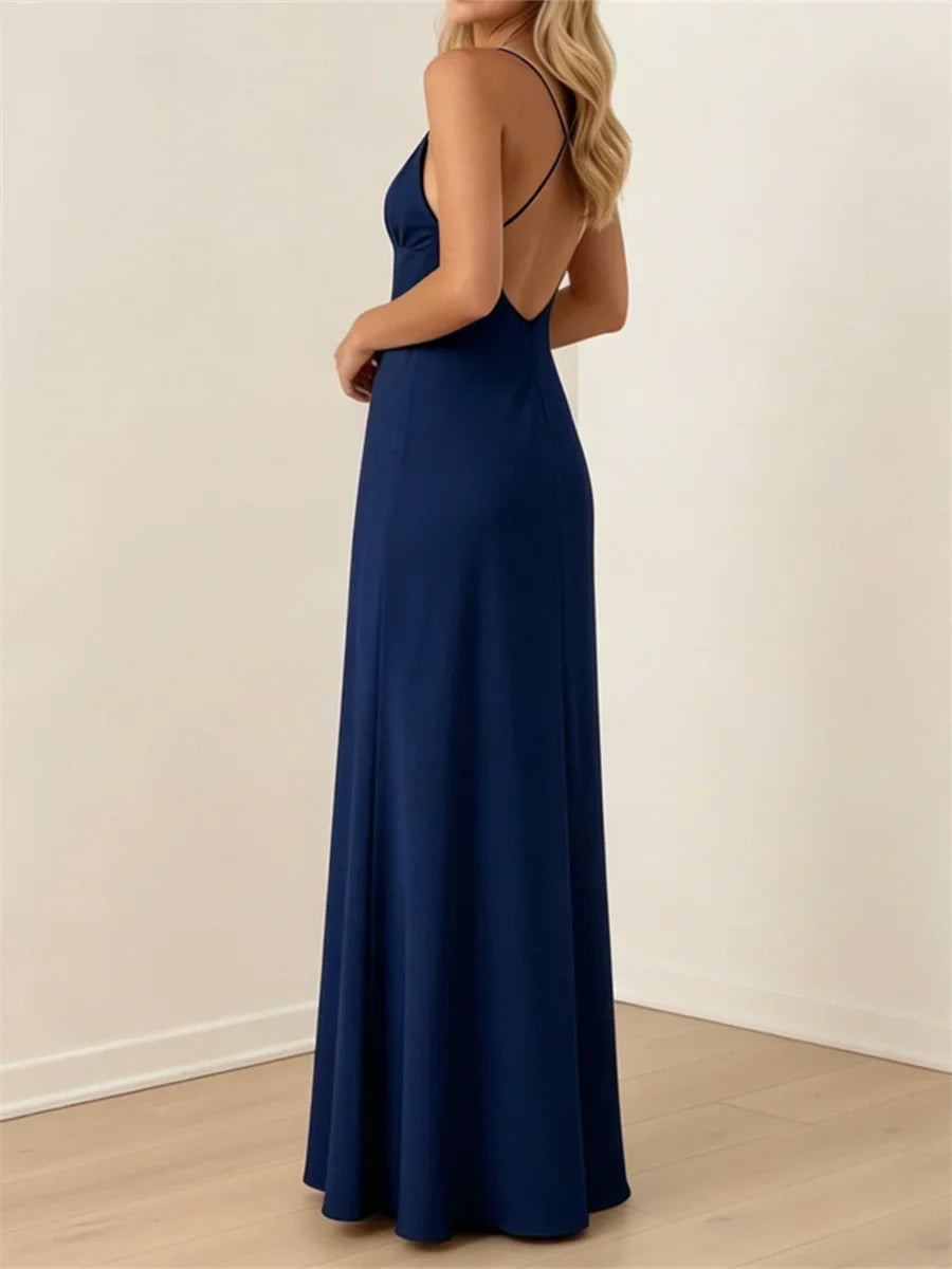 Summer Women's Satin Long Dress Spaghetti Strap Sleeveless V Neck Cutout Slim Fit Elegant Dress for Party Evening Solid Color
