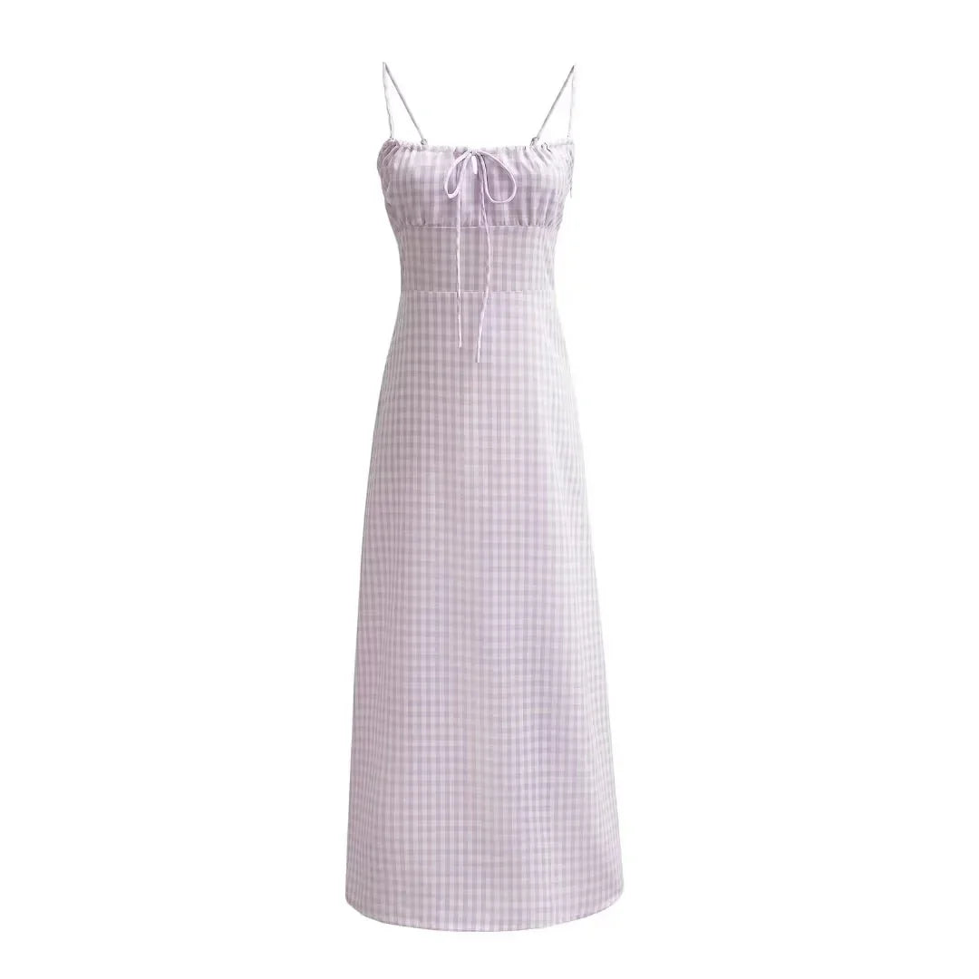Foridol Spaghetti Strap Tie Up Plaid Dress Women Summer Beach Midi Sundress Strapless Retro Pink Short Vestidos Female Dress
