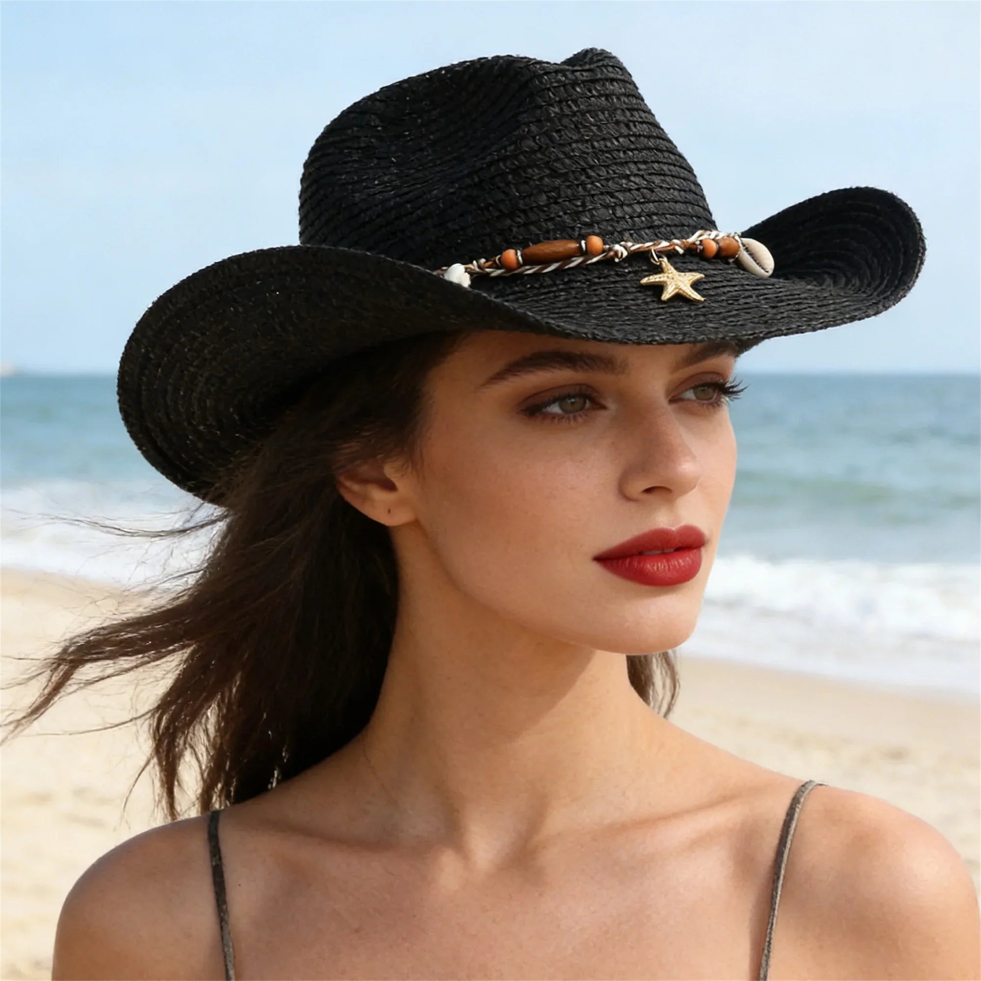 Women Men Straw Cowgirl Hat Starfish Shell Decor Western Panama Jazz Hat Summer Sun Hat for Travel Beach