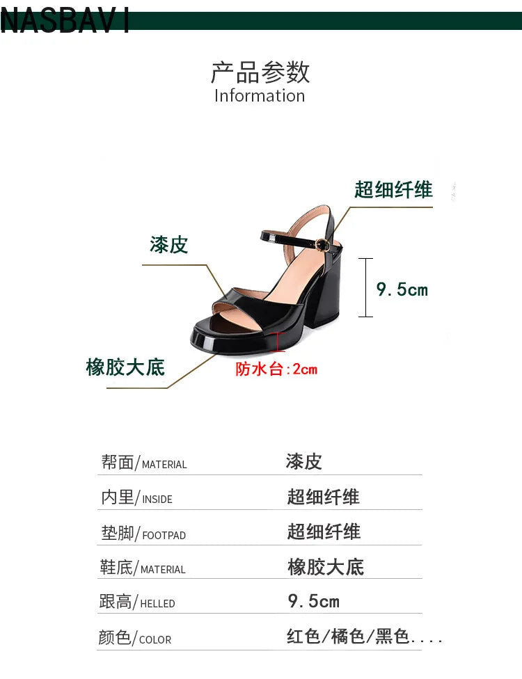 NASBAVI Women Patent Leather Sandals Super Chunky High Heeled Ankle Buckle Shoes Platform Summer Thick Heel Sandal Ladies 35-43