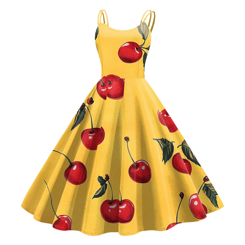 Retro Rockability Party Prom Dresses For Women Vintage Fashion Fruit Print Sleeveless A Line Dress Elegant Summer Evening Dress