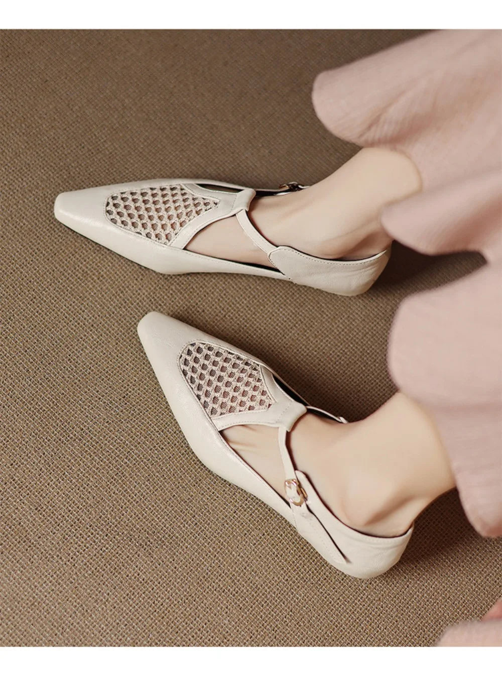 New Design Women T-Strap Sandals Square Toe Flats Buckle Breathable Mesh Casual Soft Leather Daily OL Shoes Plus Size 41 42 43