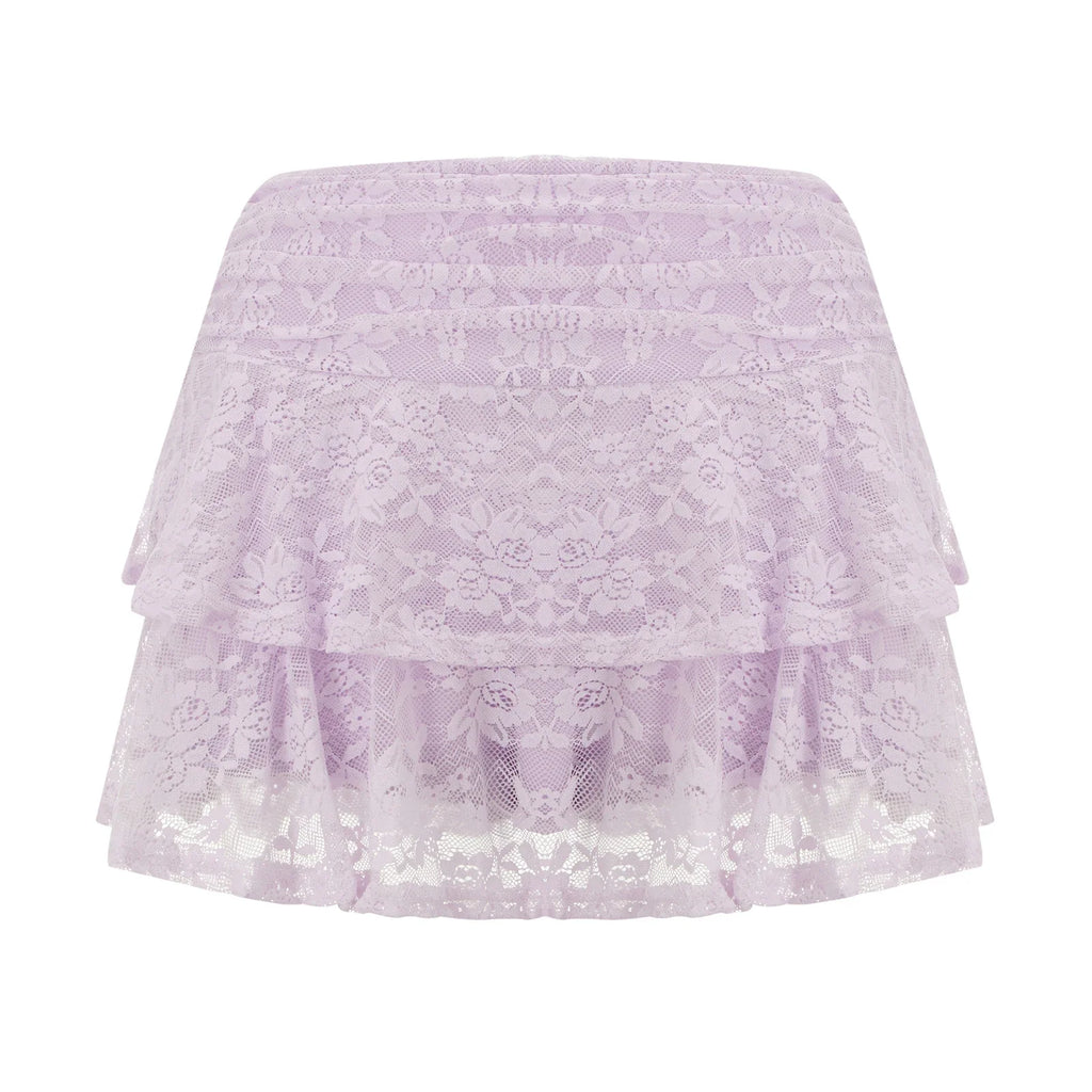 Womens Mini Skirt Lace Flower Low Waist A-Line Layered Ruffled Skirt for Daily Party Club