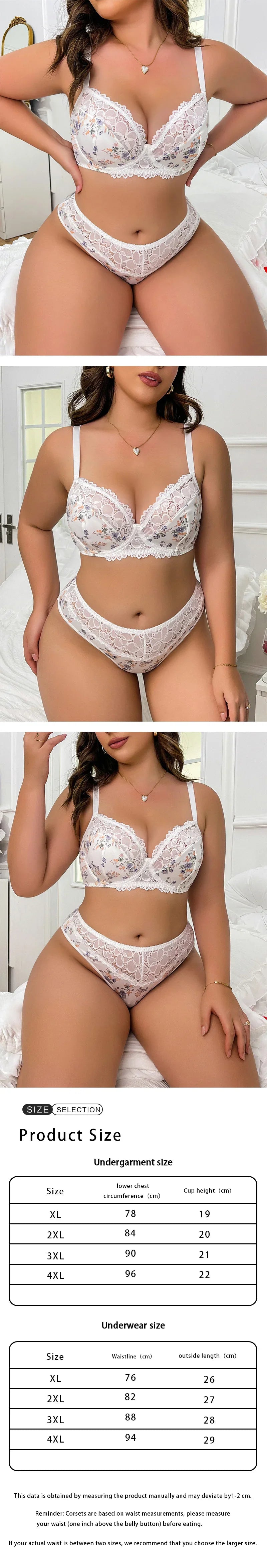 Plus Size Ditsy Print Lingerie Set Sexy Minimizer Bra Side Support Embroidery Mesh Support