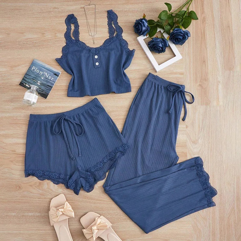 3PCS Pajamas Set for Women Sleepwear Solid Vest Shorts and Pants Paired with Lace Splicing for Homewear Loungewear