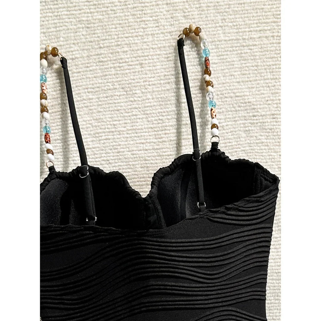 Wrinkled Underwired Colorful Beads Women Swimwear One Piece Swimsuit Female High Leg Cut Monokini Bather Bathing Suit Swim V8301