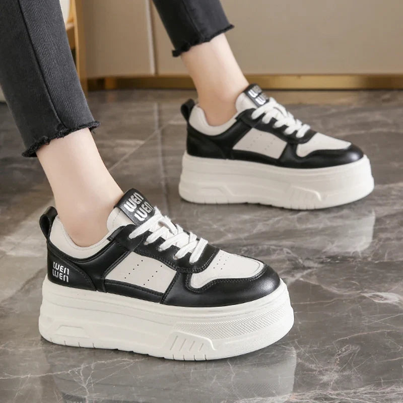 Pu Leather Thick Bottom Sneakers Women 2025 Breathable Platform Vulcanised Shoes Woman Womens All Match Lace Up Casual Sneakers