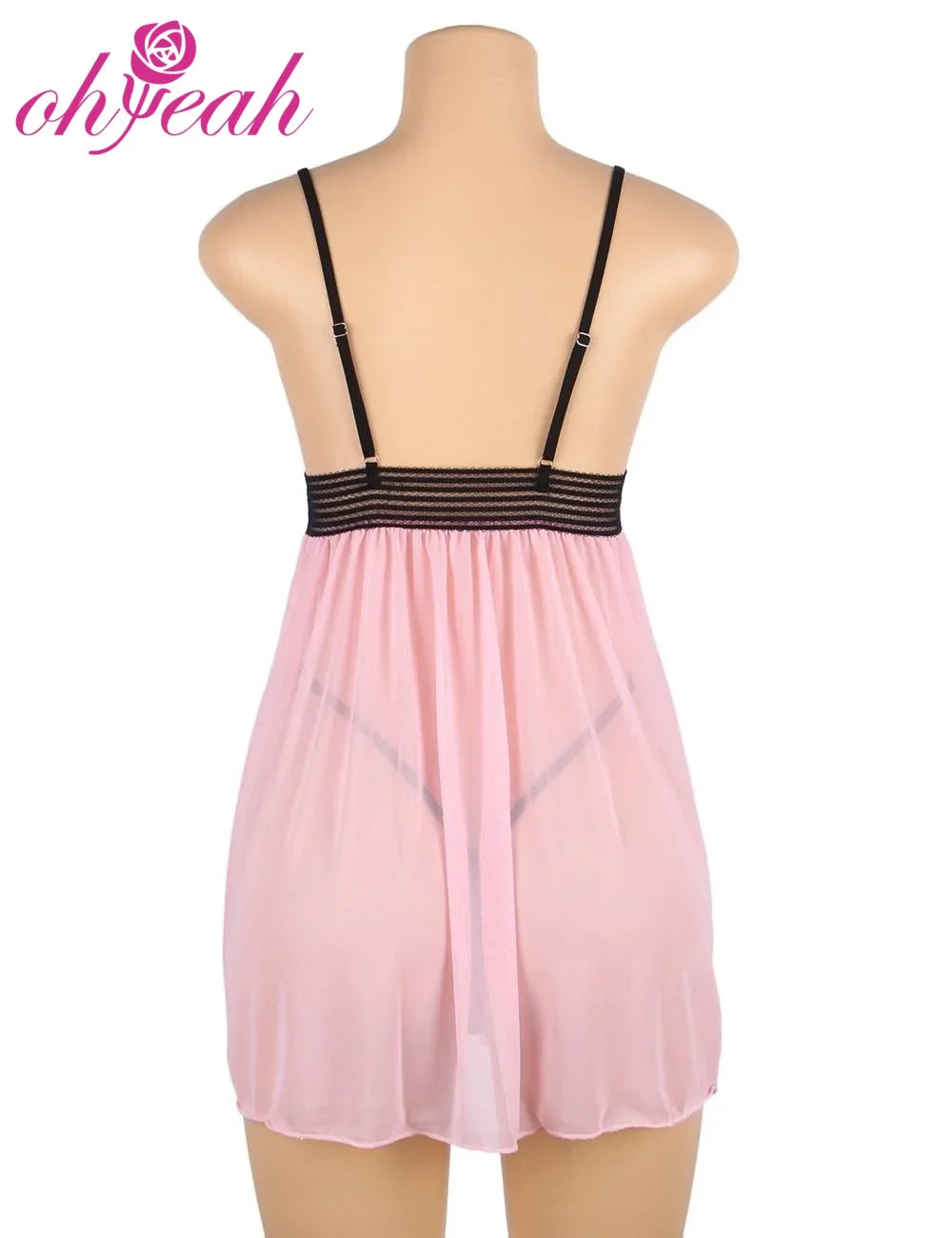 Pink Embroidery Lace Babydoll Nightdress for Women Sheer Mesh V Neck Sleepwear Plus Size With Thong