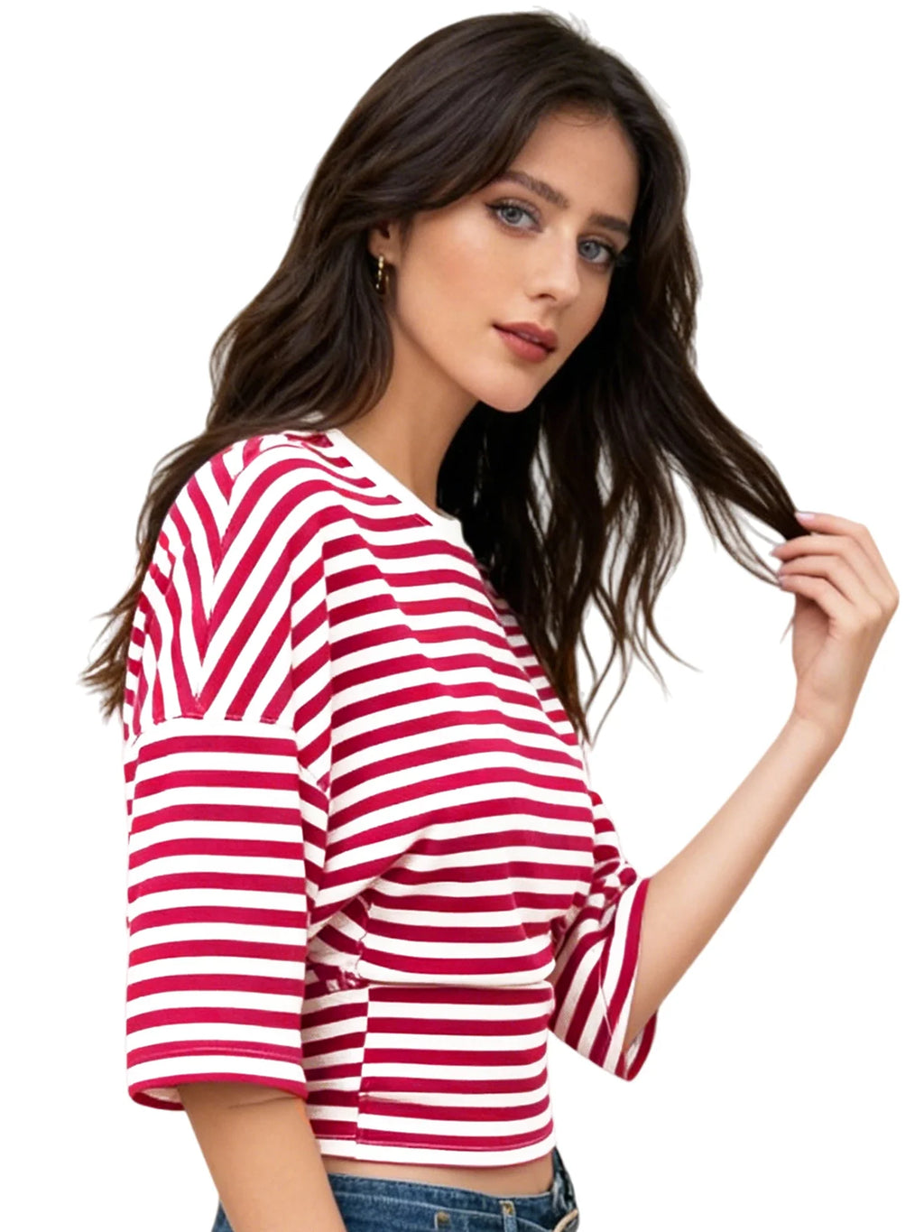 Women Summer Fashion Casual Elbow Sleeve T-Shirts Stripe Cinched Waist Crew Neck Tops Streetwear