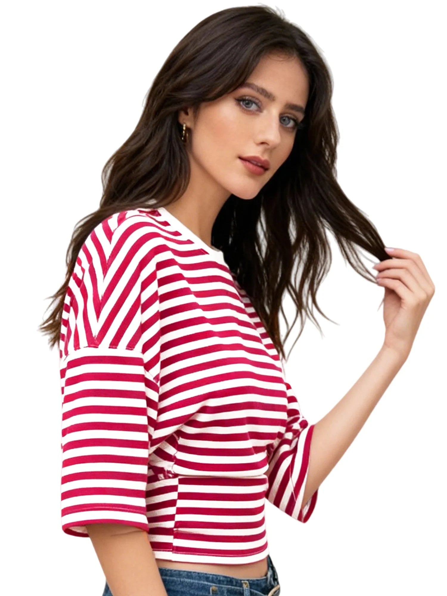 Women Summer Fashion Casual Elbow Sleeve T-Shirts Stripe Cinched Waist Crew Neck Tops Streetwear