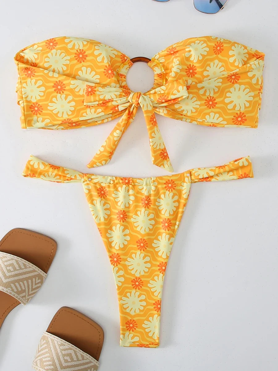 Ring Link Bandeau Bikini 2026 Floral Strappy Swimsuit Women Padded Swimwear Female Bathers Bathing Swimming Swim Suit Beachwear