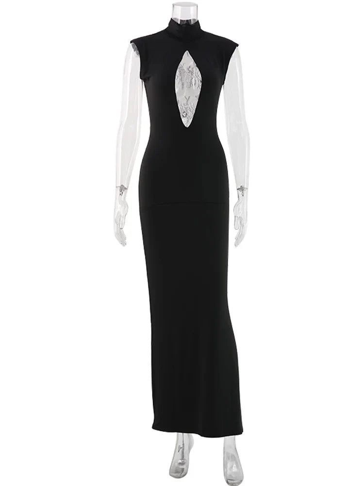 Ahagaga Fashion Sexy Women's Maxi Dresses Turtleneck Short Sleeves Hollow Out Lace Patchwork Sheath Split Party Solid Vestidos