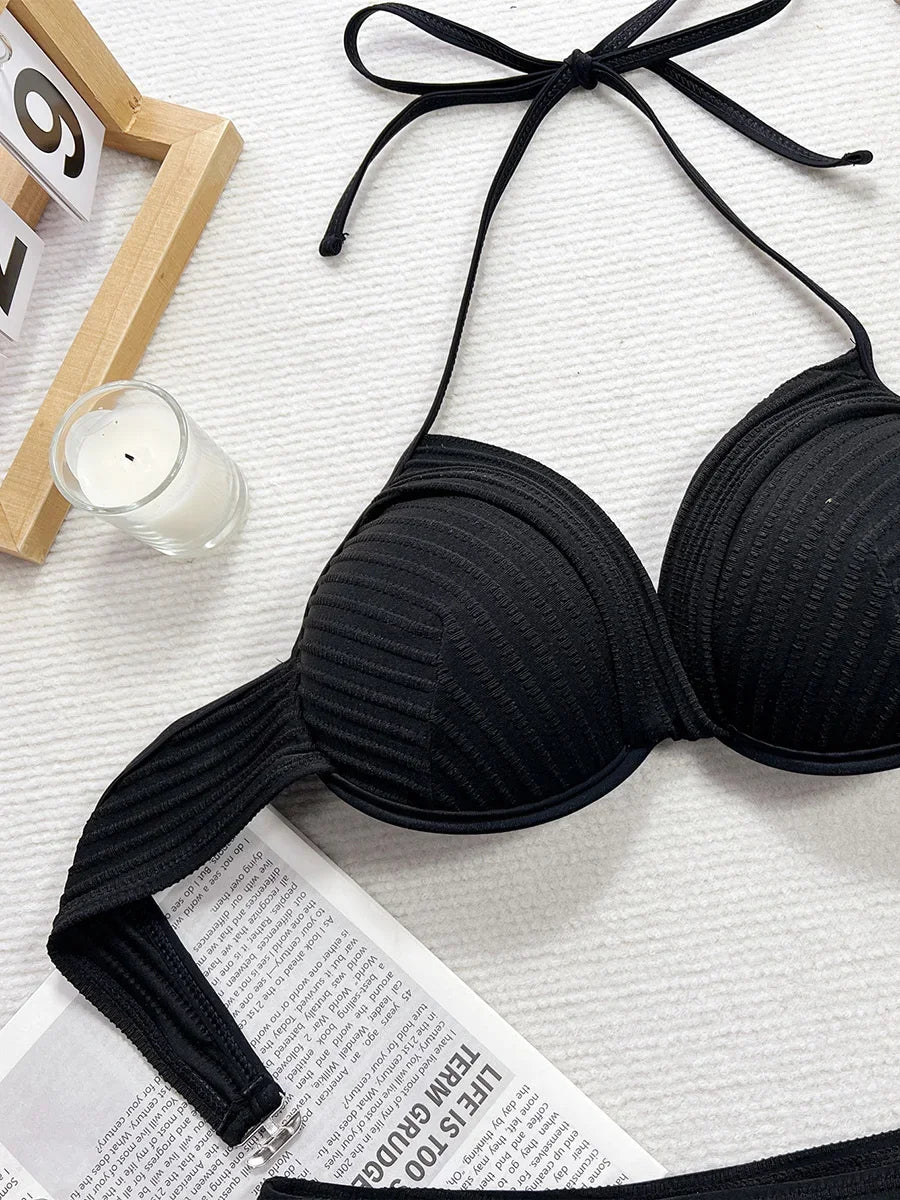Underwired Bra Cup Halter High Waist Bikini Women Swimsuit Female Swimwear Two Pieces Bikini Set Push Up Bathing Suit Swim Lady