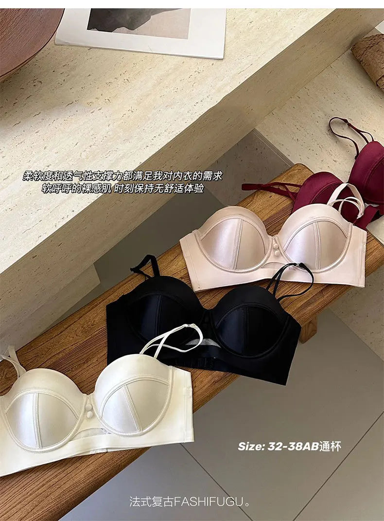 TikTok Viral MOYISU Summer Satin Bralette Strapless Push Up Bra&Set French Retro Anti Sag Lingerie Set Small Breast Support Gift