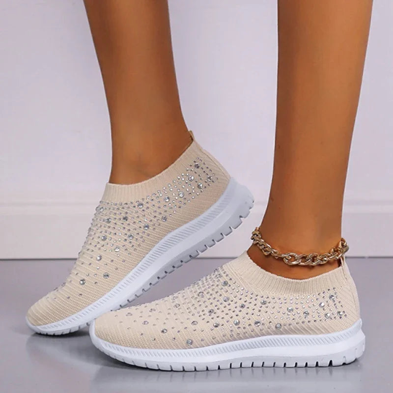 Women's Slip-On Crystal Sneakers 2025 Breathable Mesh Plus Size 35-43 Casual Flats Women Comfort Soft Sole Running Walking Shoes