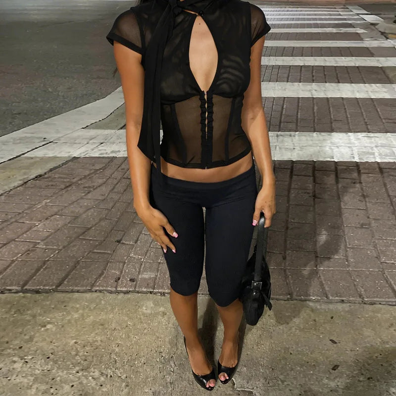 Women Sexy Hollow Out Mesh T-shirts 2026 Summer Bandage Short Sleeve Black Corset Girls Slim Crop Tops T Shirt Party Streetwear