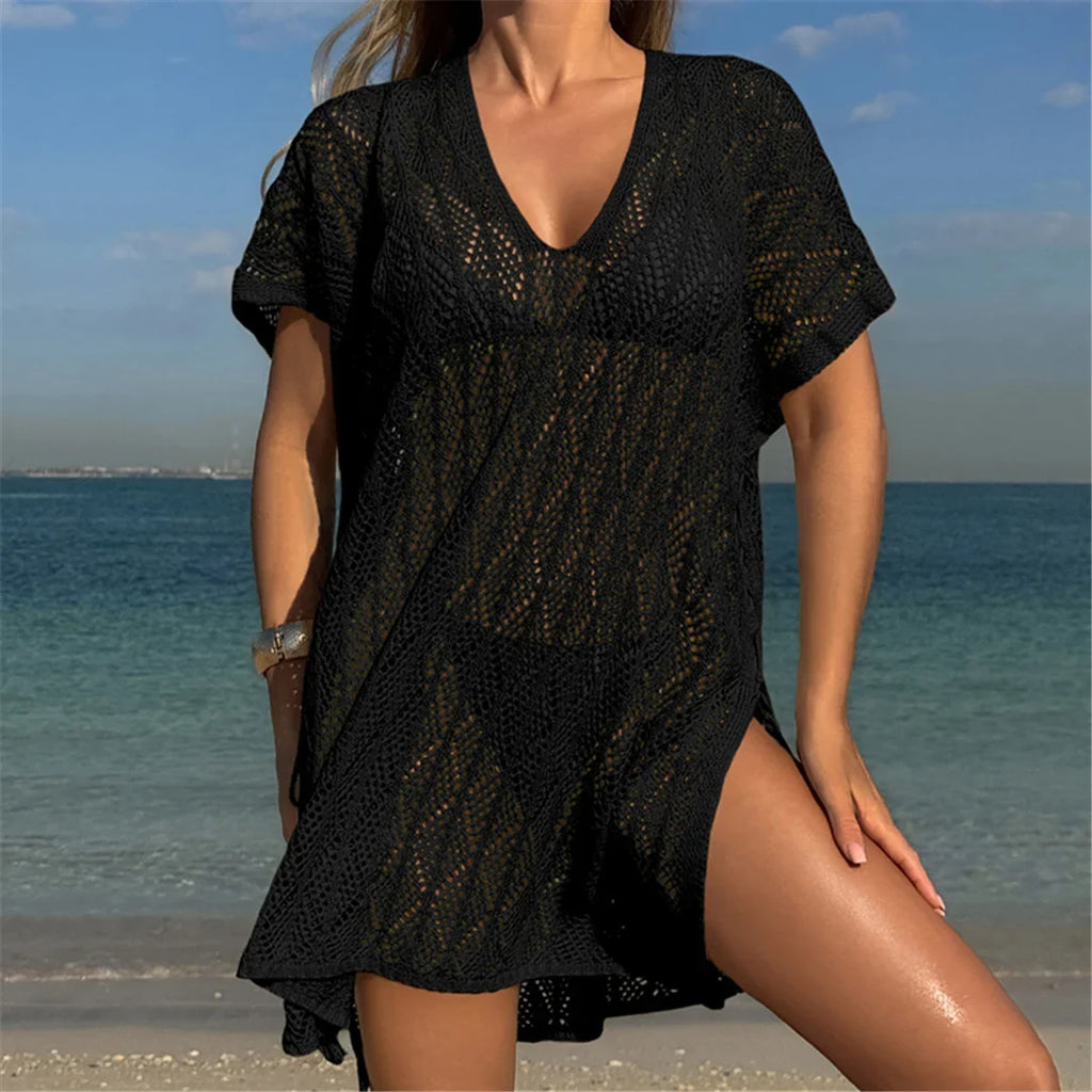 Sexy Short Sleeve Hollow Out Crochet Knitted Tunic Beach Cover Up Cover-ups Beach Dress Beach Wear Beachwear Female Women K6686