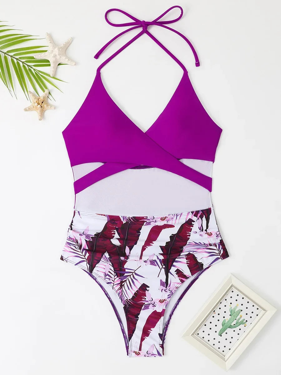 2026 Cross Print Halter One Piece Swimsuit Women Monokini Swimwear Female Bathers Bathing Swimming Suit Beachwear Summer