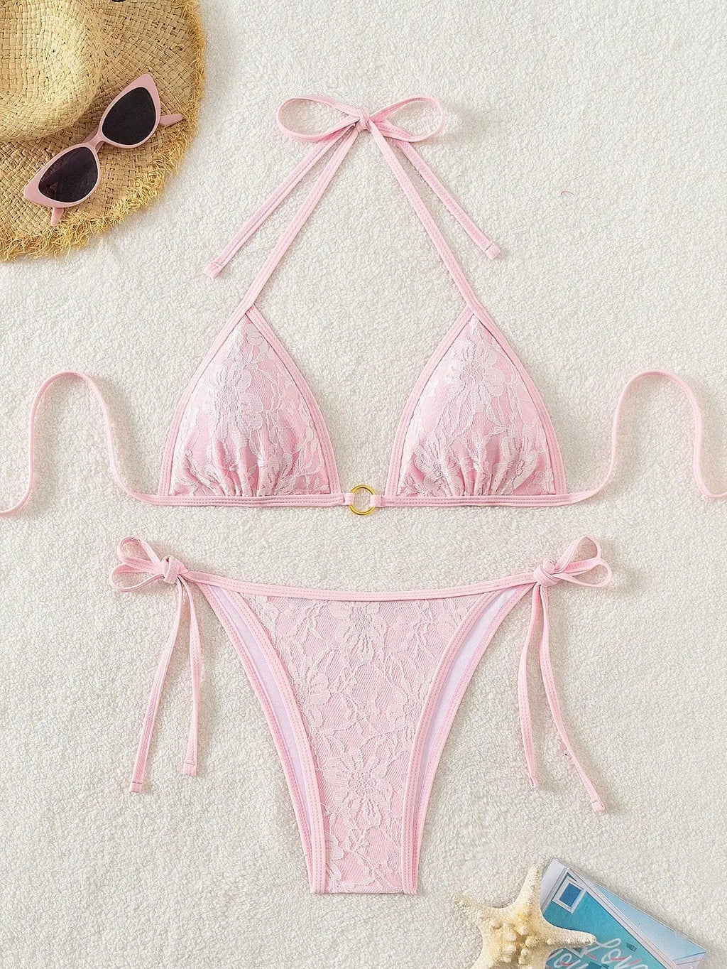 Embroidery Mesh Lace Halter High Cut Bikini Female Swimsuit Women Swimwear Two-pieces Bikini Set Bather Bathing Suit Swim Beach
