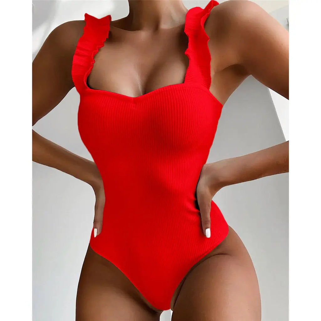6 Colors Frill Trim Ruffled Sexy Women Swimwear One Piece Swimsuit Female Ribbed Bather Bathing Suit Swim Wear Monokini V1668