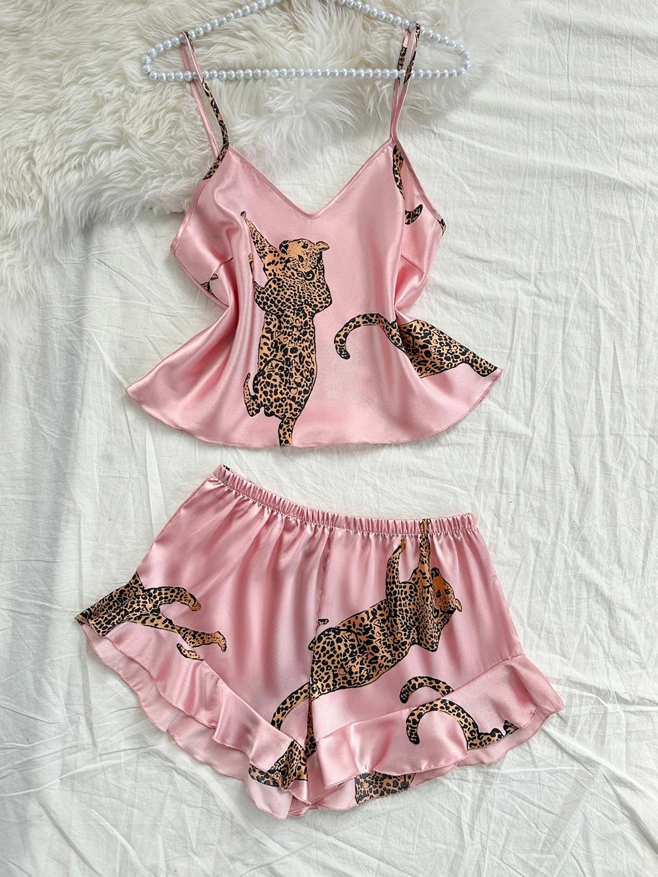 Summer 2-pieces Pink Leopard Printed Pajamas Set for Women Sexy Ice Silk Stain Sleepwear Casual Crop Tops and Shorts Lounge