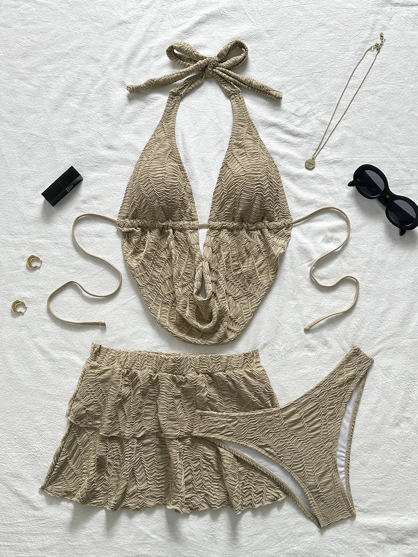 3PC with Skirt Wrinkled Halter Tankini Bikini Women Swimwear Female Swimsuit Three-pieces Bikini Set Bathing Suit Swim Beachwear