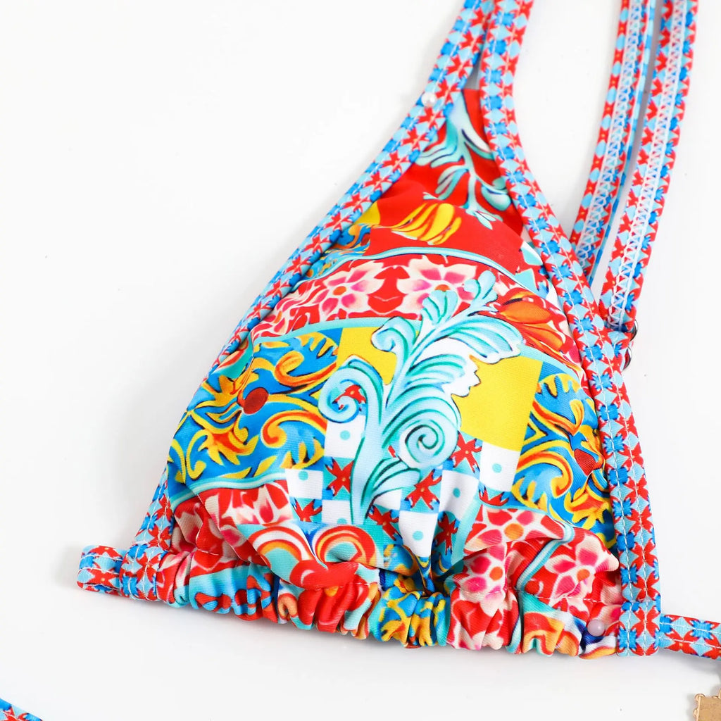 Swimming Suit for Women Bikini Set 2026 Sexy Boho Style Geometric Ethnic Print Swimsuit Beach Bathing Suit Thong Micro Swimwear