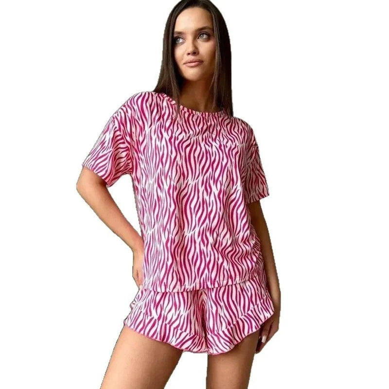 Leopard Print Pajama Set Casual Short Sleeve Top And Matching Elastic Shorts Stylish Comfortable For Ladies Summer Loungewear
