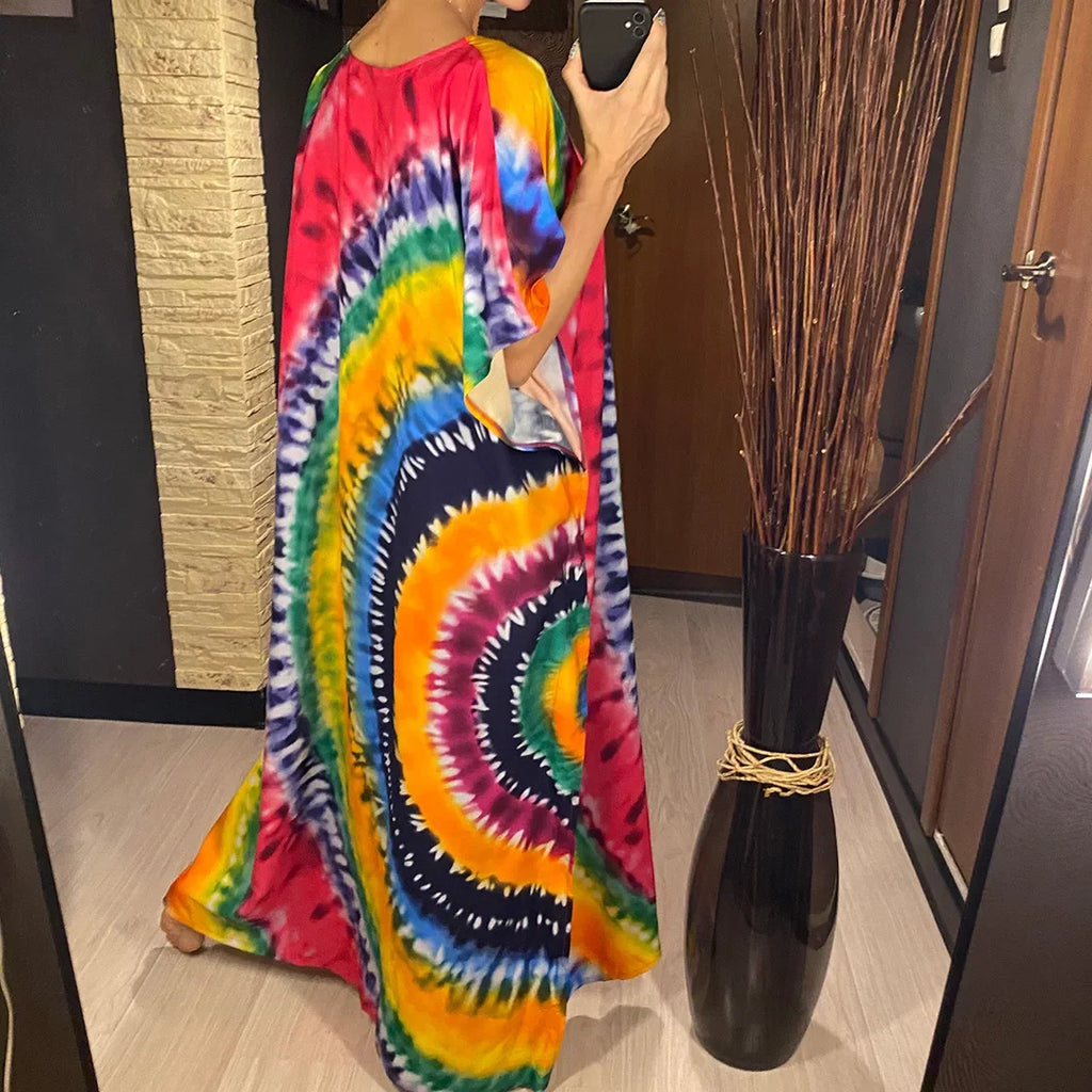 2026 New Colorful Kaftan Tunic Beach Dress Beach Wear Beachwear Beach Cover Up Cover-upsLoose Maxi Dress Female Women V4428