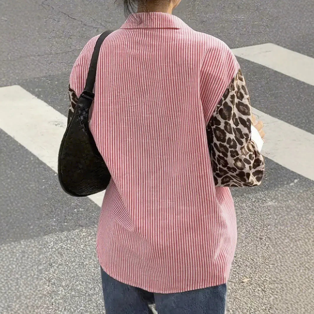 2026 New Women's Loose Casual Leopard Stripe Patchwork Long Sleeve Shirt with Pockets Turn Down Collar Blouse Top