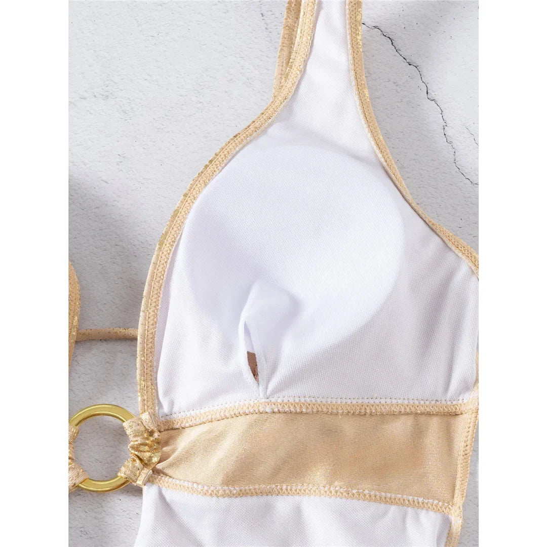 Sexy Golden Deep V Neck High Cut Leg Backless One Piece Swimsuit Women Swimwear Female Monokini Bather Bathing Suit Swim V6690