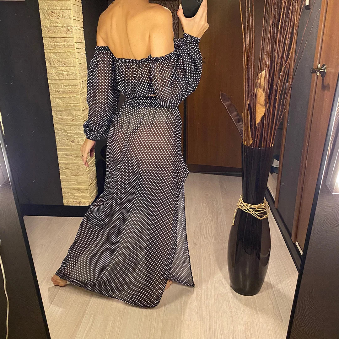 2026 Leopard Off Shoulder Long Sleeve 2 Pieces Set Beach Cover Up Cover-ups Beach Dress Beach Wear Beachwear Female Women V3728